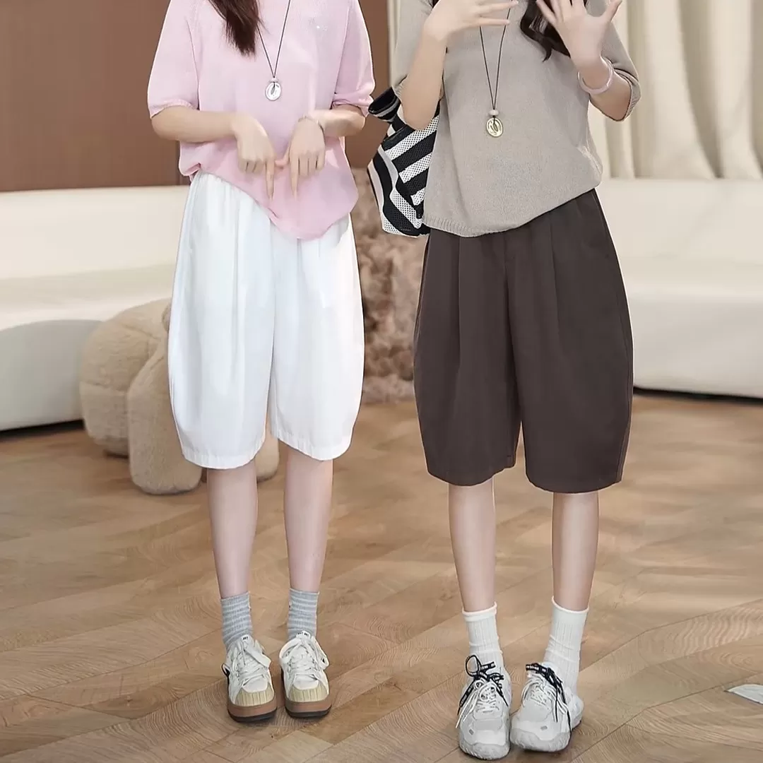老钱风弯刀短裤女2026夏季新款高腰宽松显瘦热裤阔腿五分休闲裤女