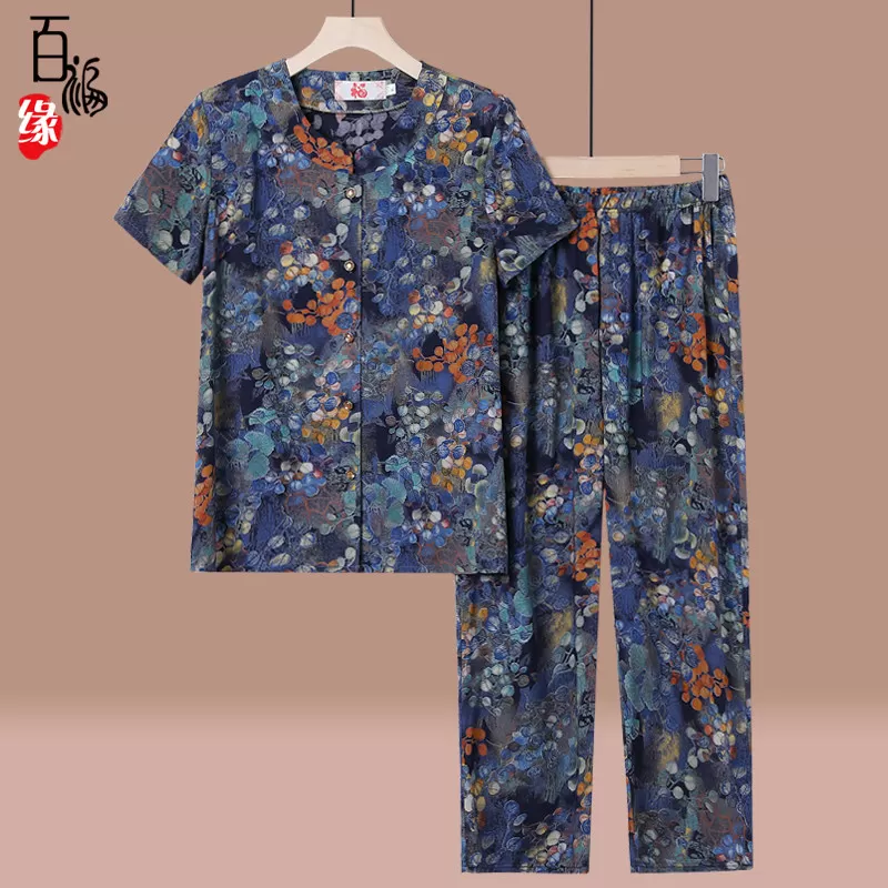 中老年人夏装女奶奶棉绸套装60岁70大码短袖妈妈衬衫老人太太衣服
