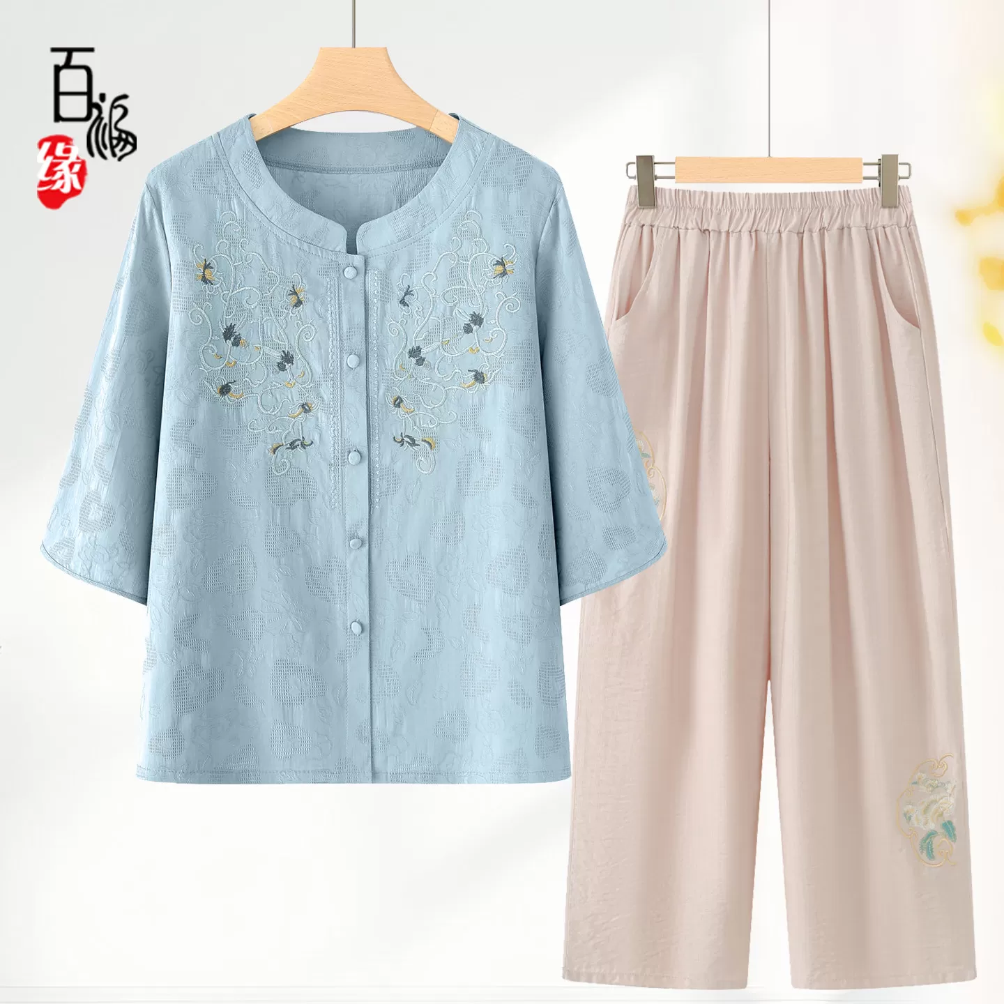 老年人新中式国风短袖女奶奶棉麻套装夏季宽松妈妈衬衣老太太衣服