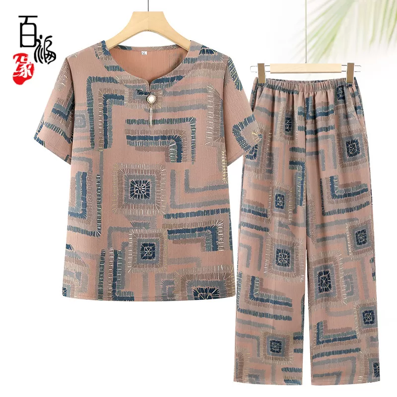中老年人夏装冰丝套装女妈妈大码T恤奶奶新款短袖老太太衣服宽松