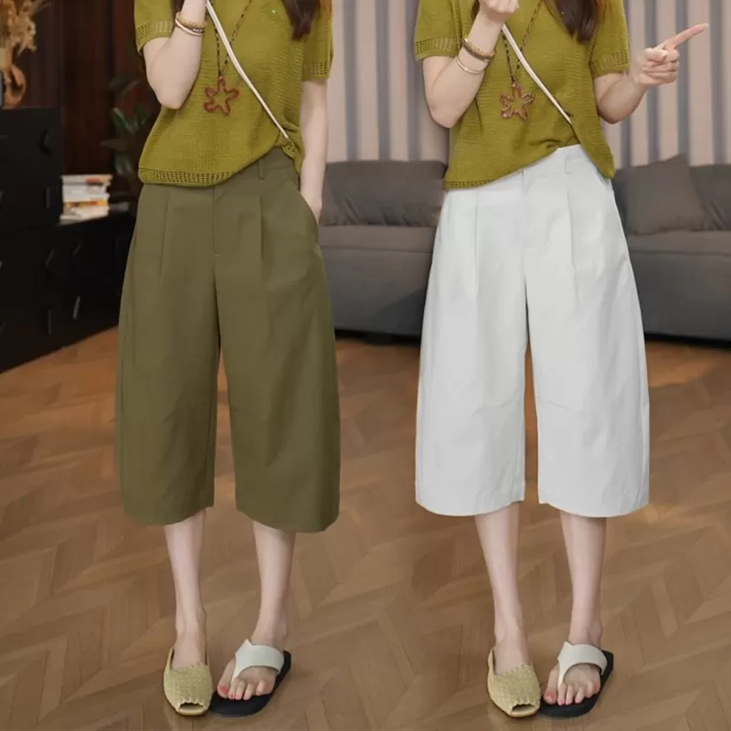 2026夏季新款生态棉弯刀阔腿七分短裤女高腰宽松显瘦薄款休闲裤子 