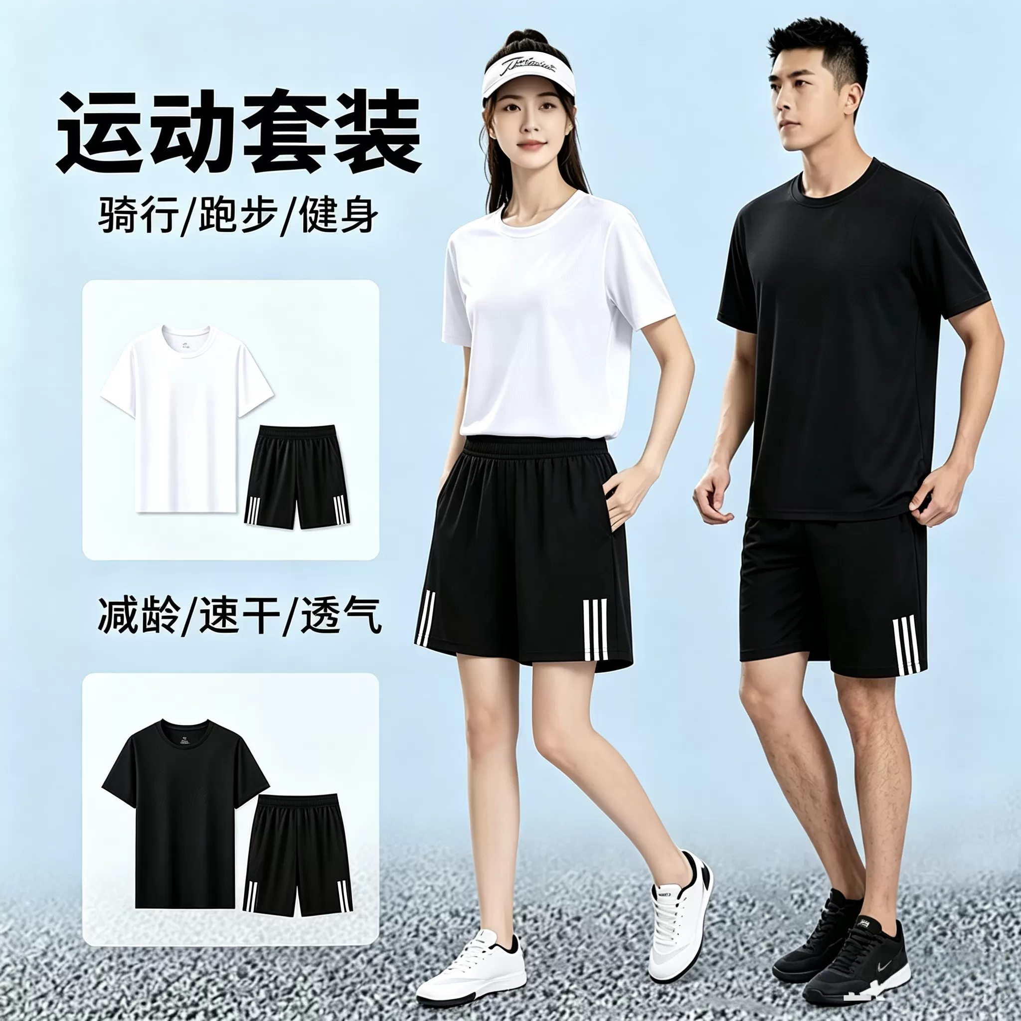 男士夏季运动套装短袖T恤短裤情侣同款速干健身跑步训练服两件套3 