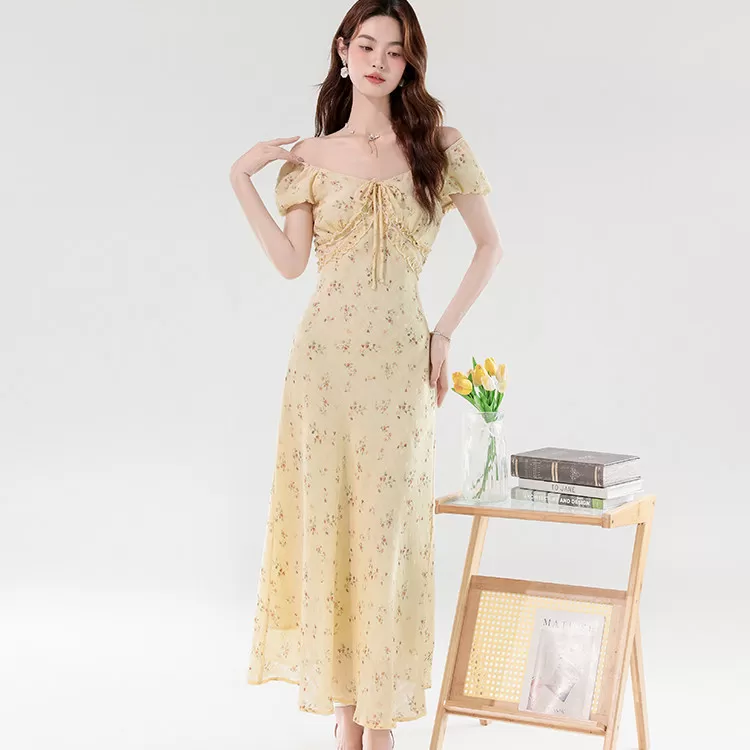 10-2026夏季法式绝美连衣裙女气质收腰长裙茶歇裙 
