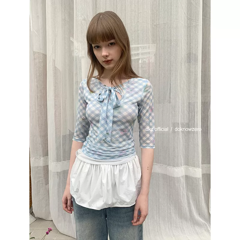 DKZ 蓝色网纱假两件t恤女修身复古格纹印花上衣 