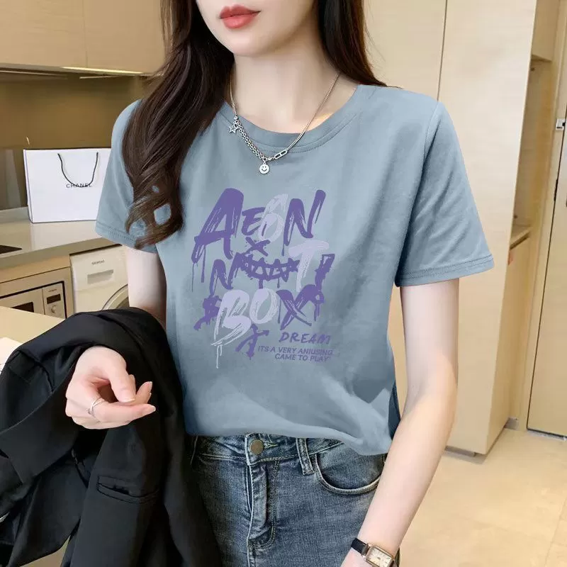 圆领洋气短袖时尚纯棉t恤衫女夏季爆款印花时尚ins大码新款上衣服 