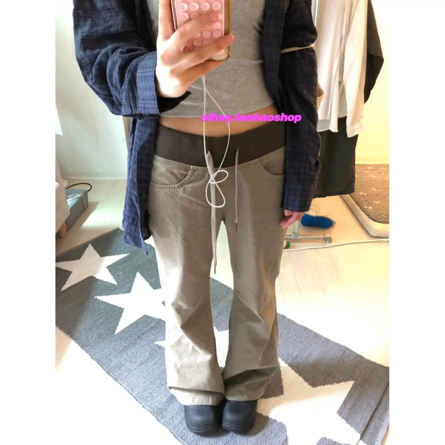 eihey诶嘿街头古早感y2k微喇叭拼接撞色显瘦系带百搭休闲拖地长裤 