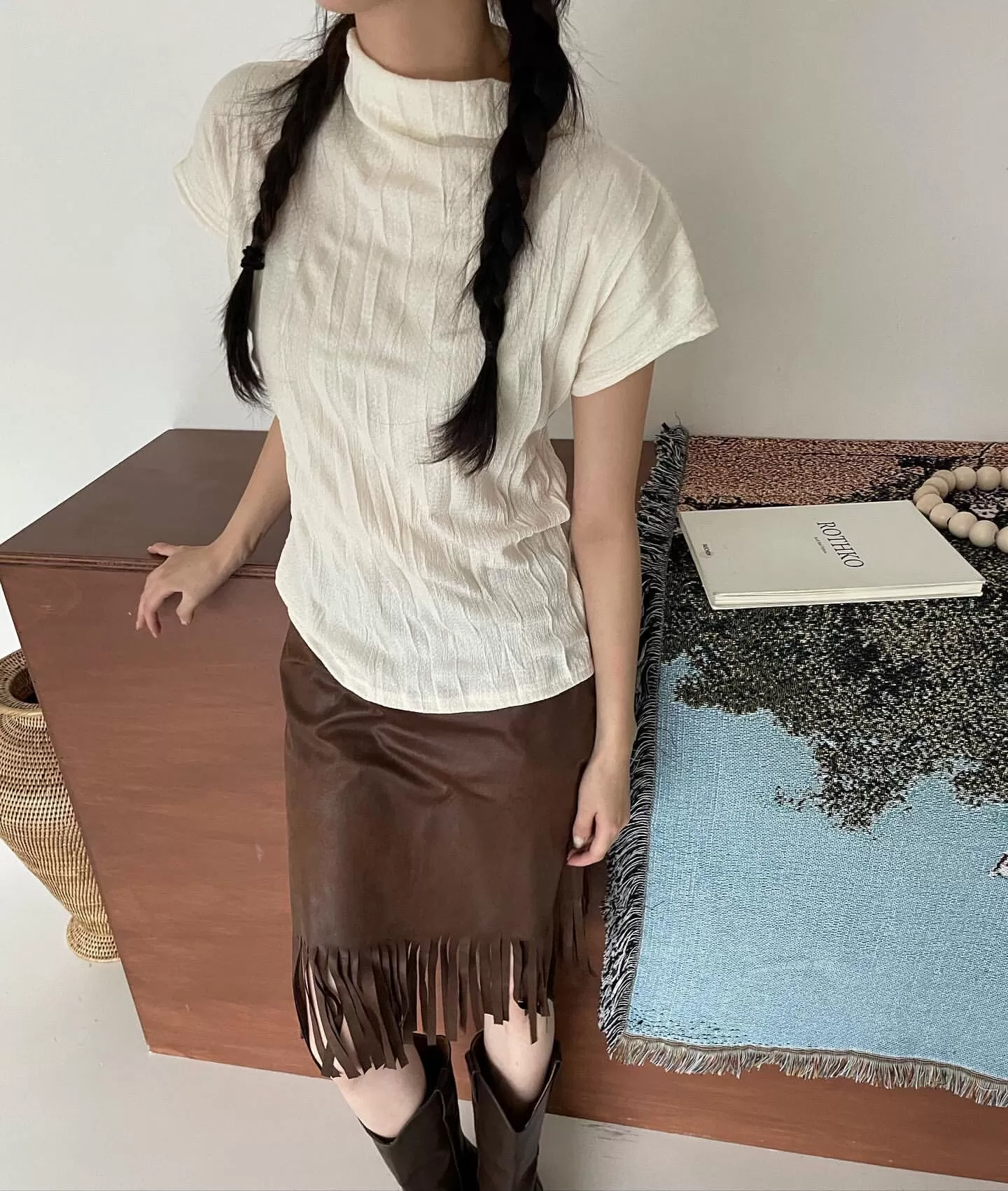 eihey诶嘿新款纯色复古显瘦高领小飞袖风琴褶短袖修身百搭上衣T恤