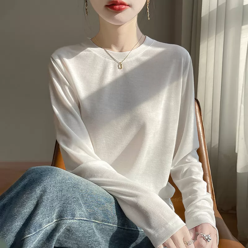 莱赛尔天丝短袖T恤女26春夏薄款圆领针织毛衣宽松长袖打底衫上衣