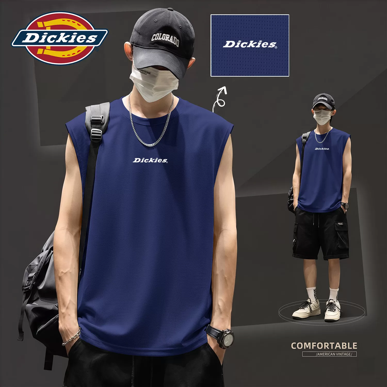 Dickies深蓝色冰丝无袖背心男2026夏季新款运动健身T恤男款薄坎肩