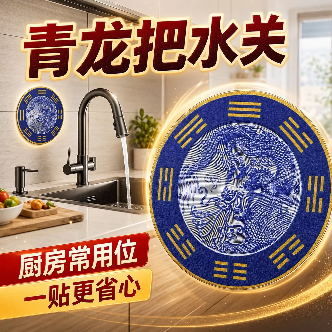 青龙牌贴水龙头上用贴自粘式贴纸窗下水龙头贴对窗户青龙大吉贴