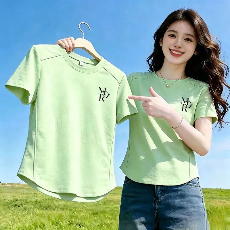 韩系清新柠檬绿短袖弧形T恤女夏季新款时尚潮流百搭显瘦鱼骨上衣 