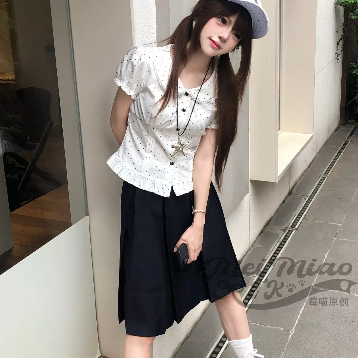 【困困猫】莓喵jk制服套装衬衫短袖收腰原创正版学院风波点泡泡袖