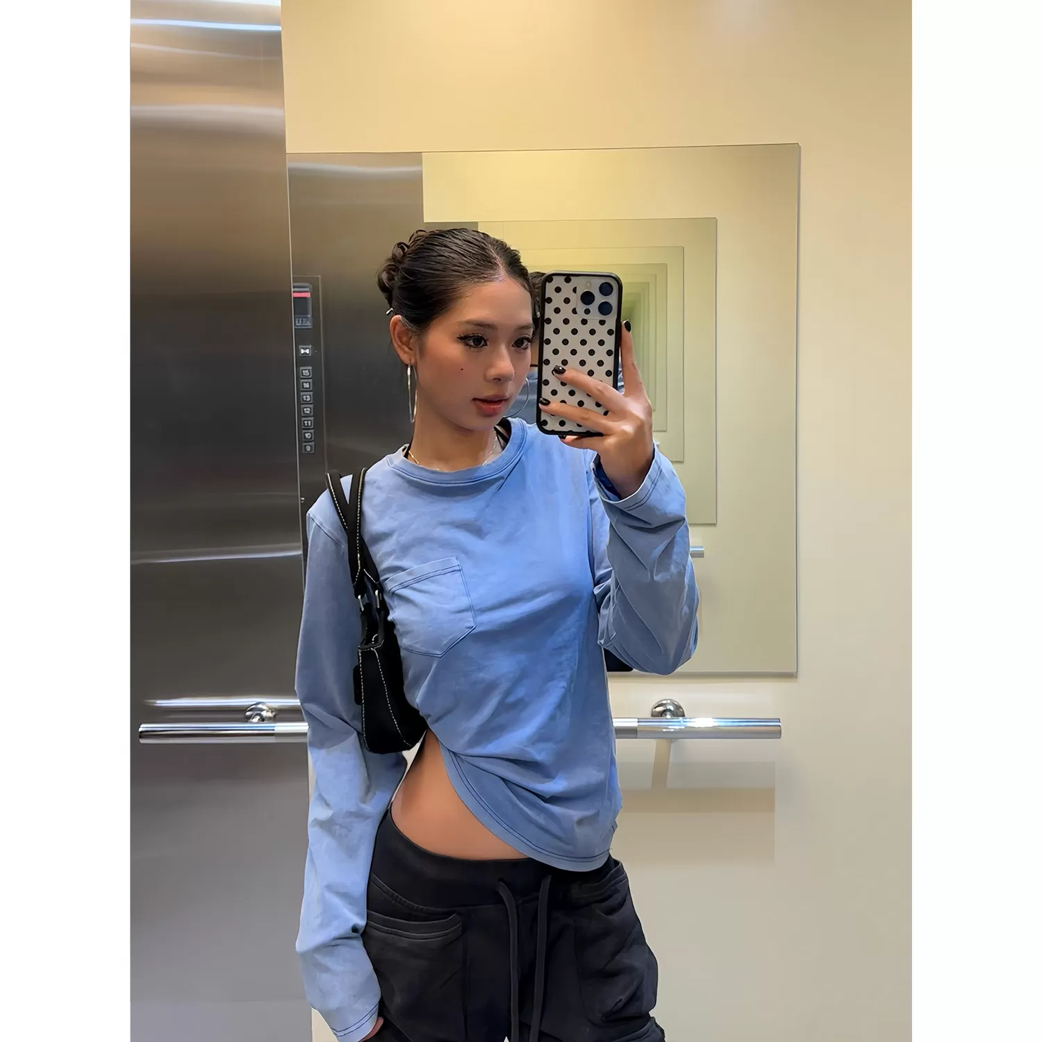 FFR 美式复古炒色口袋做旧休闲长袖打底衫T恤女基础百搭慵懒上衣