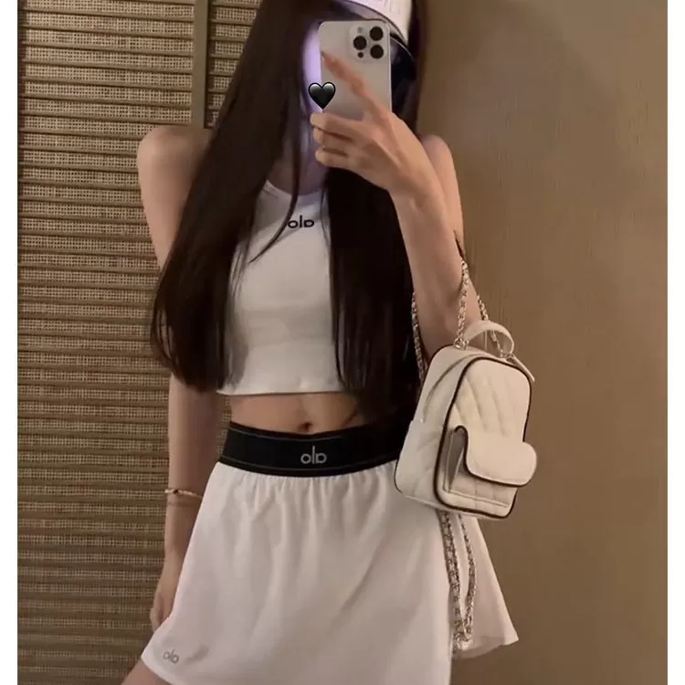 温婉同款元气少女瑜伽运动高腰显瘦松紧腰网球吊带半身裙休闲套装