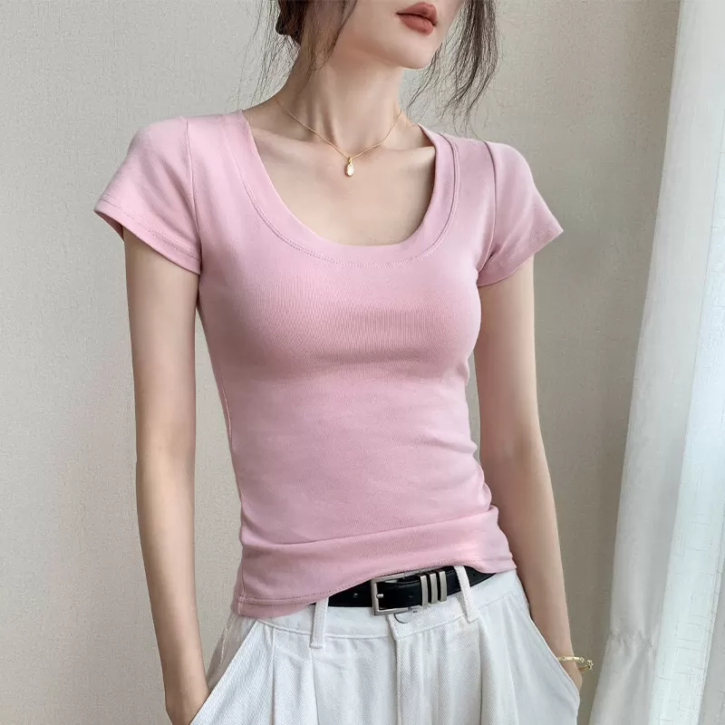 粉色u领短袖t恤女2026夏季新款修身显瘦正肩辣妹收腰纯棉半袖上衣