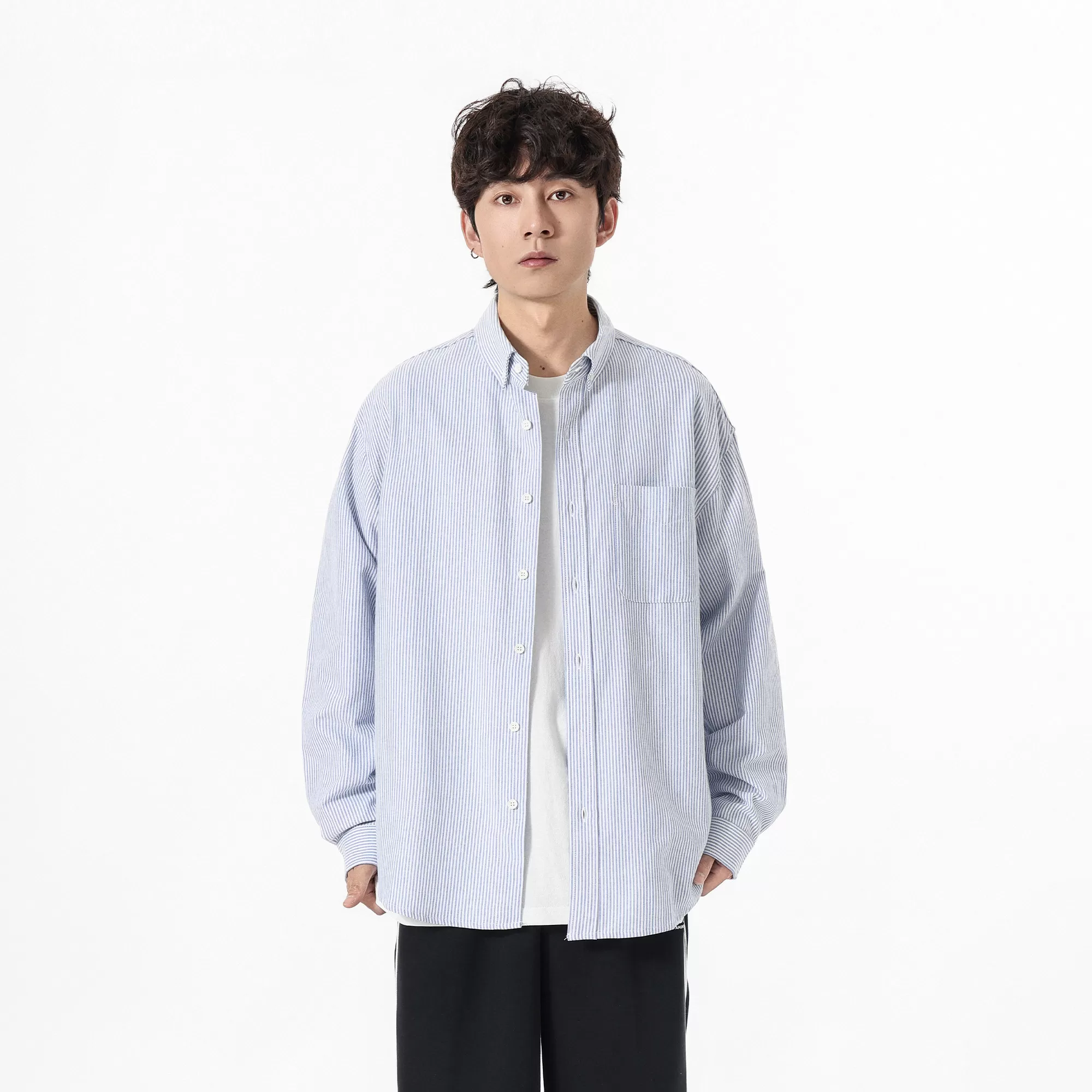 YOKE STUDIO美式休闲Cleanfit条纹衬衫男女宽松长袖衬衣外套情侣 