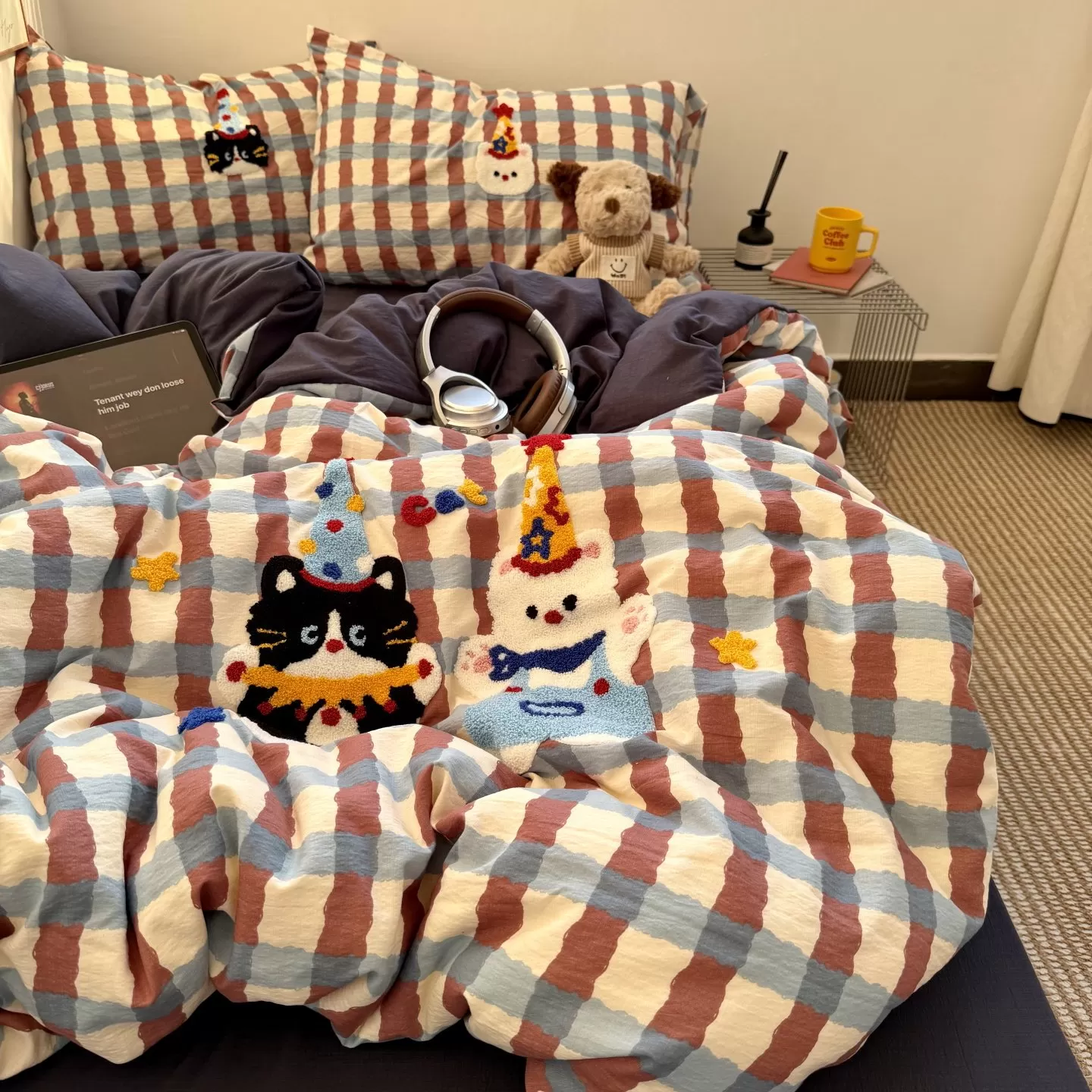 少女ins软萌猫咪毛巾绣床单四件套水洗棉全棉被套纯棉学生三件套