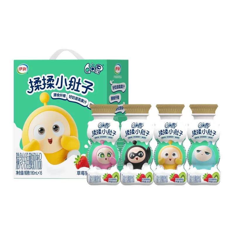 QQ星揉揉小肚子儿童果味牛奶草莓猕猴桃味180ml*16瓶酸奶饮品7月