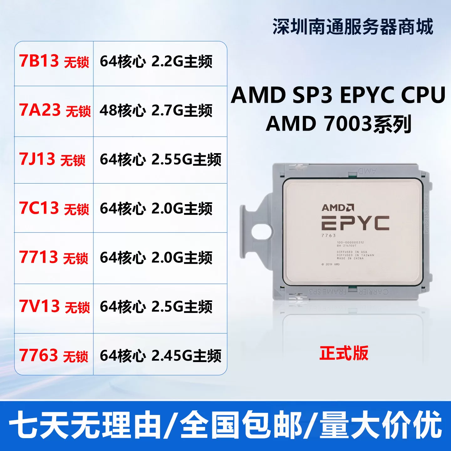 AMD EPYC三代霄龙无锁7763 7B13 7J13 7A23 7C13性能工作站处理器