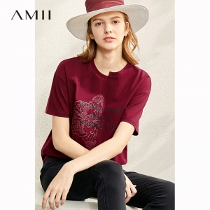 Amii TX-1202TM7443 女士浮雕蕾丝印花T恤 