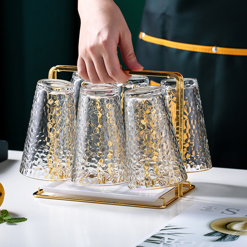 水杯杯子家用饮料啤酒牛奶杯耐热透明金边锤纹喝水茶杯套装玻璃杯