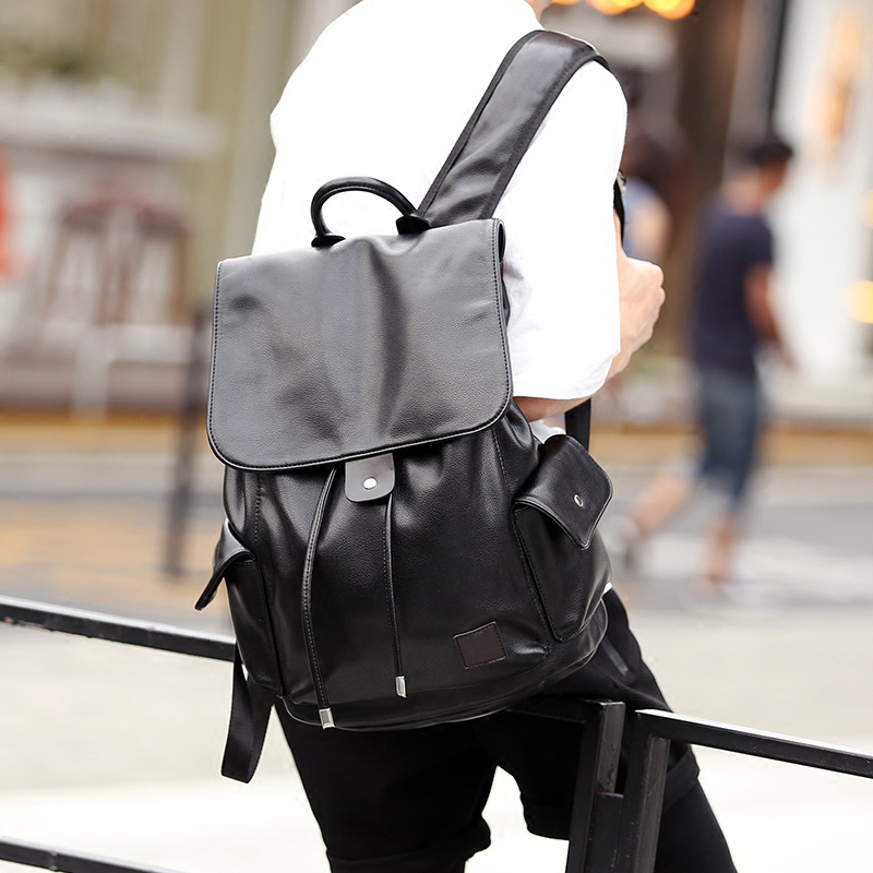 新款街头背包双肩包韩版皮质 商务潮流抽带时尚背包书包旅行包潮