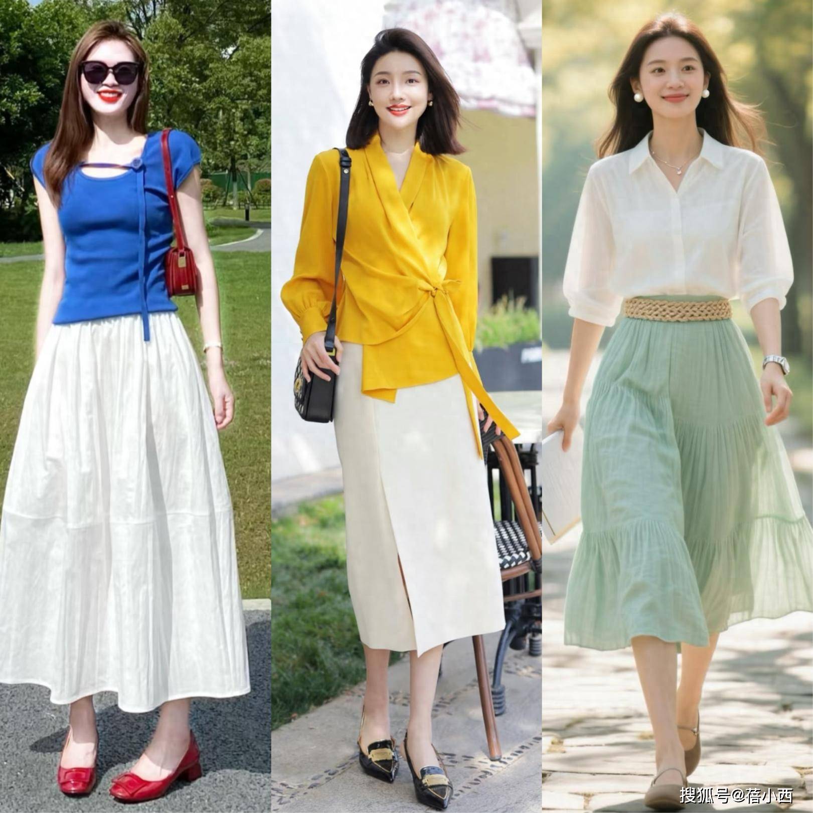 “半身裙+低跟鞋”，40+中年女人夏天这么穿，很美！