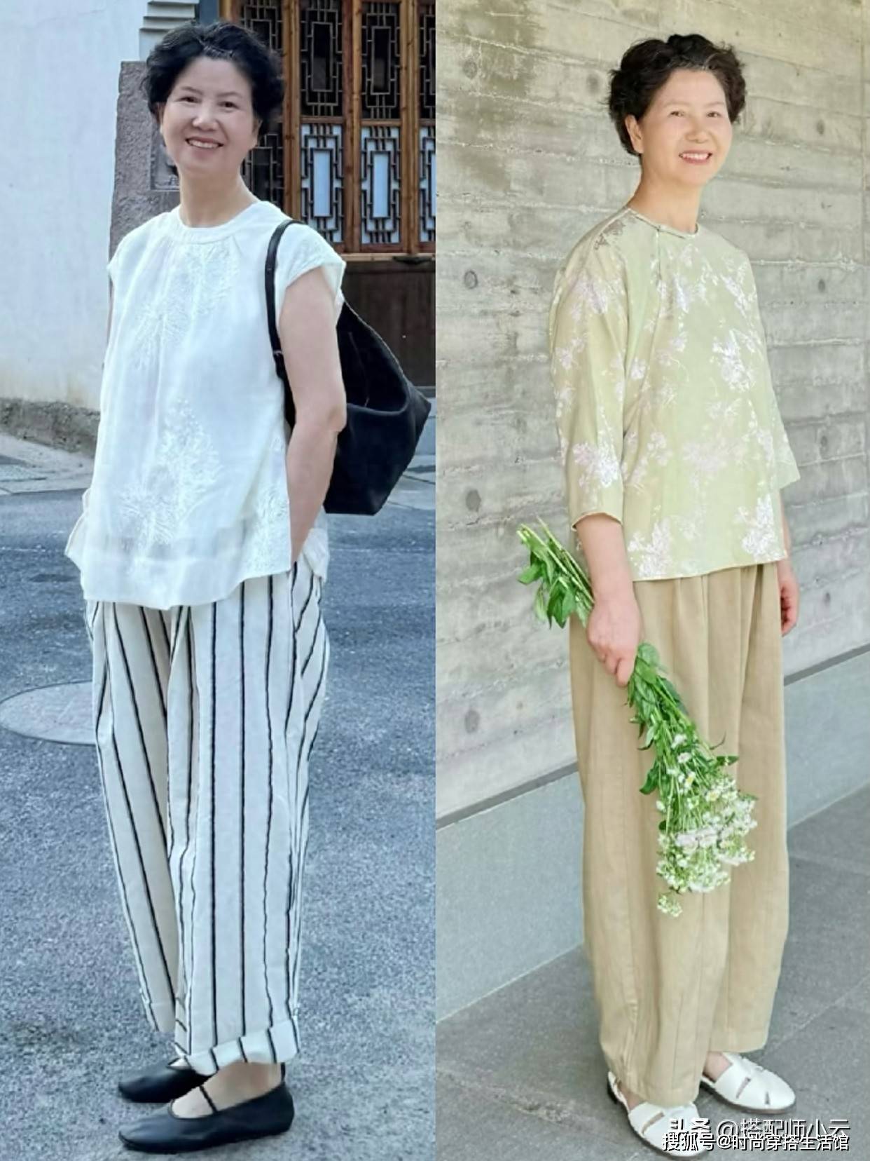 “阔腿裤”下面一定不要搭小白鞋，五六十岁女人，这样穿是有多美