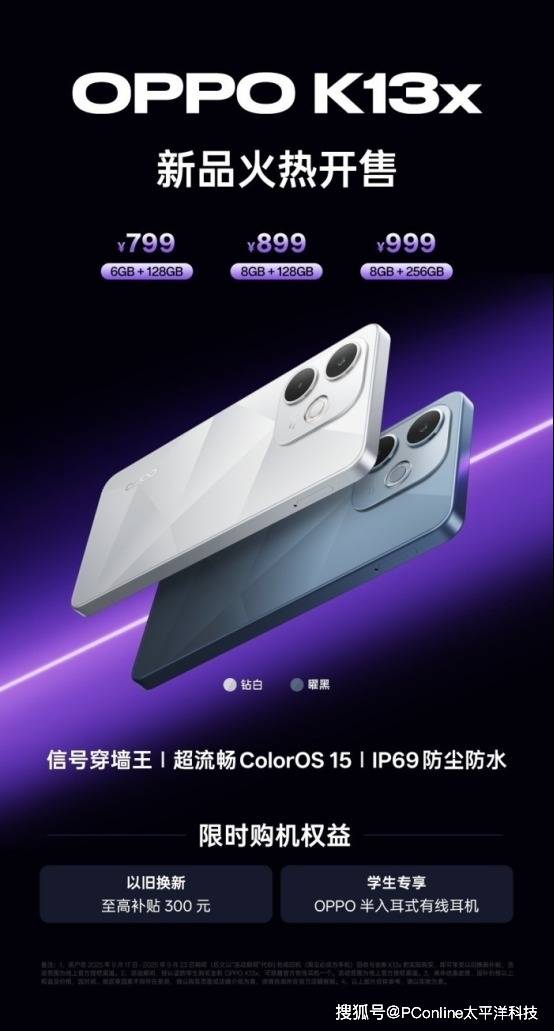 三防门槛再降！OPPO K13x杀入百元市场：IP69级防护+信号穿墙王
