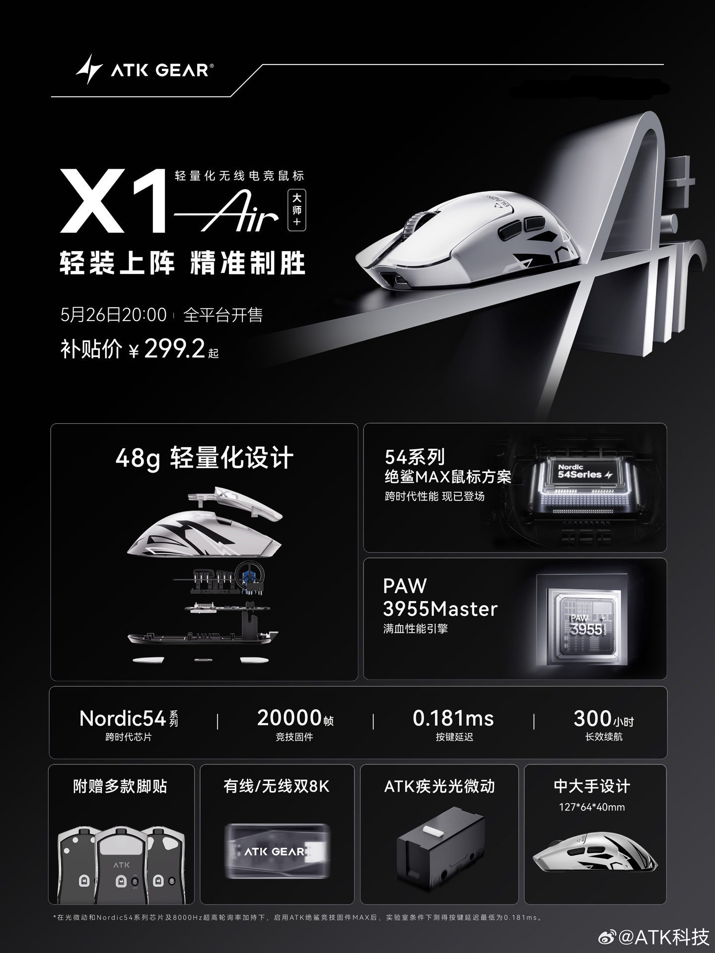 ATK 烈空 X1 Air 大师版 + 鼠标发布：48g、PAW3955 MASTER，299.2 元起