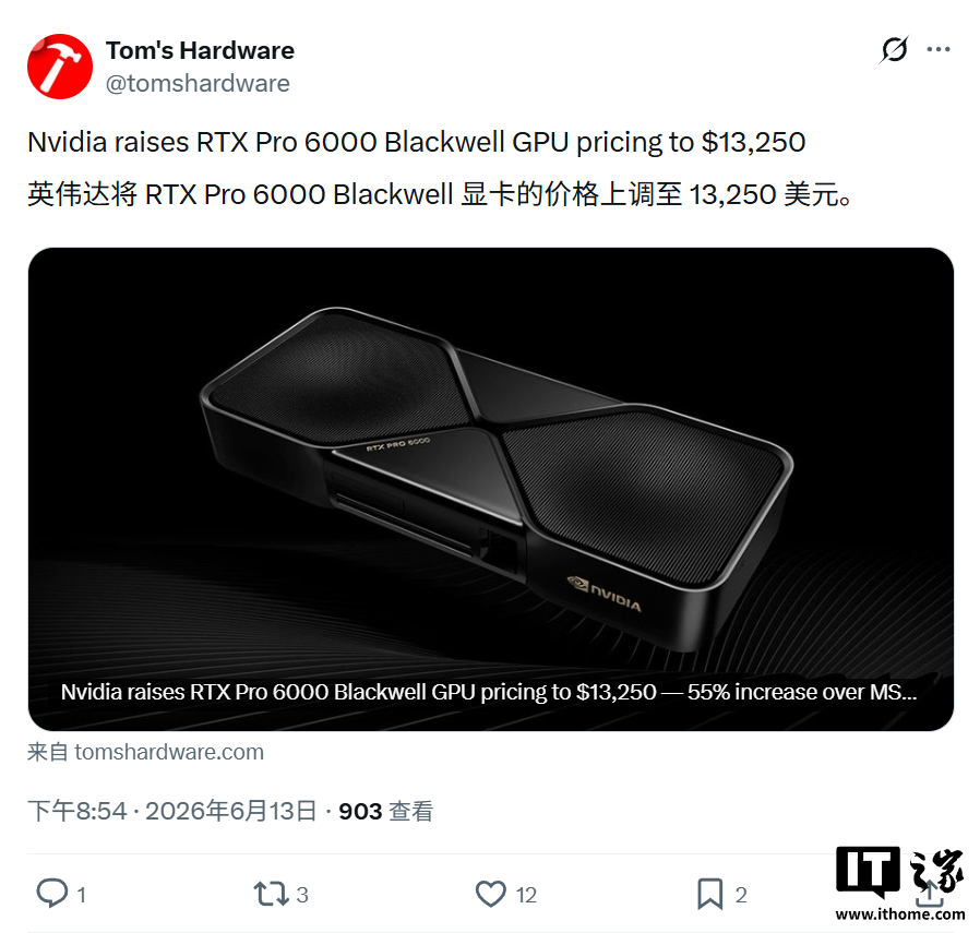 英伟达 RTX PRO 6000 Blackwell 全线涨价，较去年首发价高出 55%